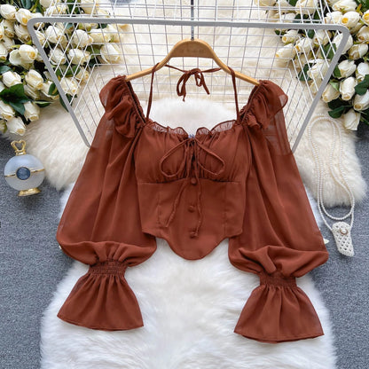 Flare Sleeve Women Top Ruffle Solid Elastic Waist Halter Backless Chiffon Blouse