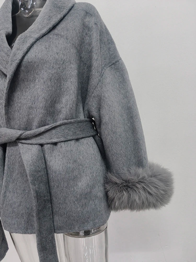 Women Overcoats Fur Patchwork Long Sleeve Woolen Coat
