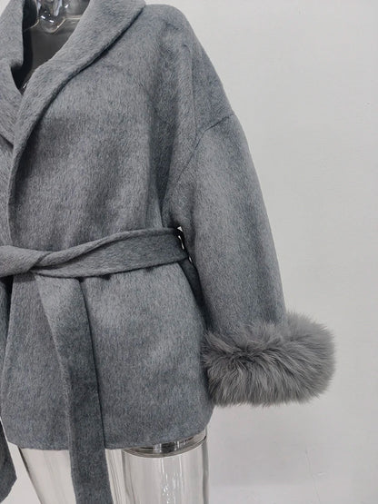 Women Overcoats Fur Patchwork Long Sleeve Woolen Coat