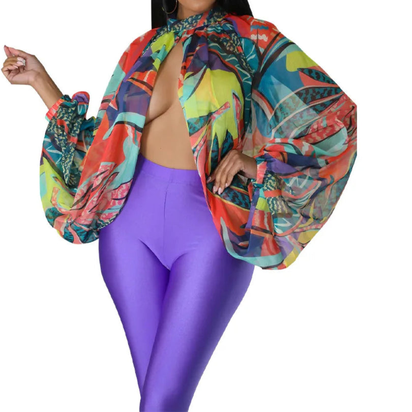 Womens Chiffon Blouse Sexy See Through Lantern Sleeve Front Back Open High Neck Blouses Tops