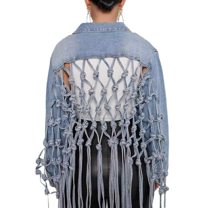 Women Denim Jacket Back Grid Fringe Personalized Jacket Coat