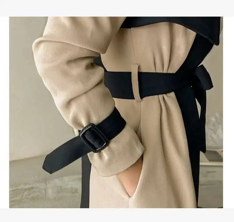 Contrast Full Sleeve Buttons Belted Women Long Trench Coats