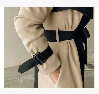 Contrast Full Sleeve Buttons Belted Women Long Trench Coats