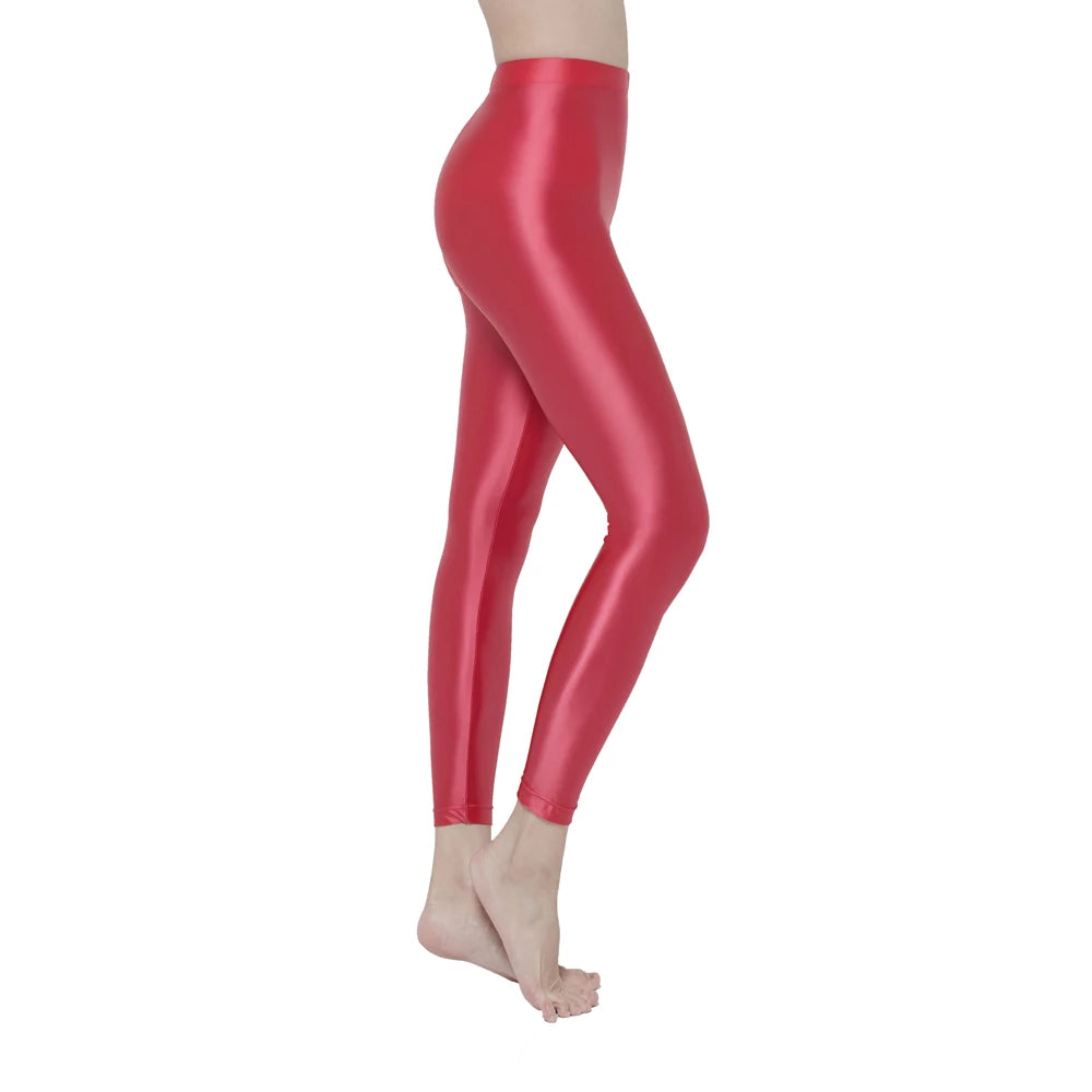 Womens Satin Glossy Sexy Opaque Pants Shiny Oil Wet look Tights Leggings M-3XL