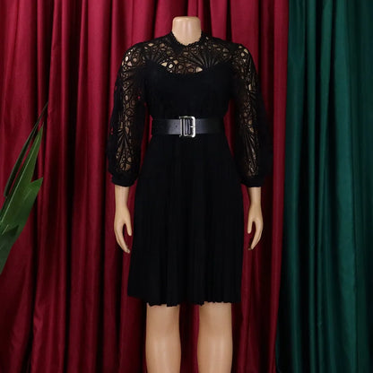 Elegant Dresses for Women O Neck Three Quarter Sleeve Belt Waisted Lace Patchwork Knee Length Luxury Female Birthday Party Dress