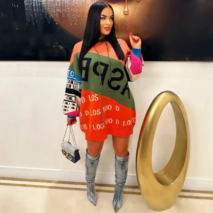 Autumn and Winter Hooded Drawstring Long Sleeves Color Matching Letters Loose Long Sleeves Women's Sweater Jumper