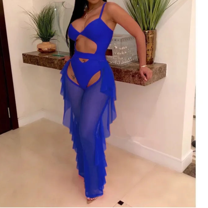 Hollow Out 2 Pieces Set for Woman Mesh See Through Bodysuit Top and Ruffles Pants Swimsuit Outfit