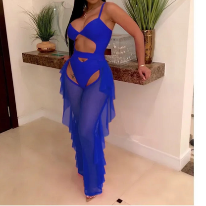 Hollow Out 2 Pieces Set for Woman Mesh See Through Bodysuit Top and Ruffles Pants Swimsuit Outfit
