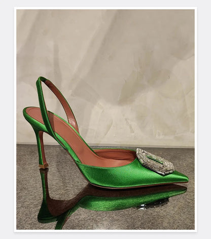 Oval Rhinestone Buckle Toe Sandals Pointed Thin Heel Hollow Banquet High Heels