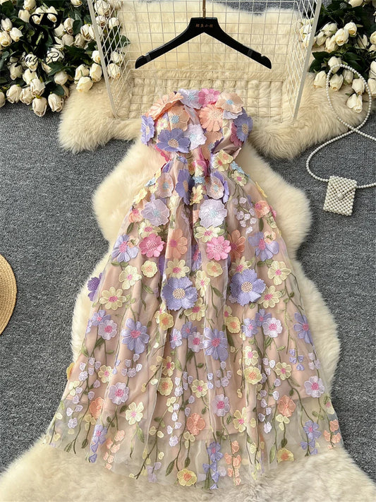 Embroidery Evening Long Dress Strapless Sleeveless Zipper 3D Floral Sundress French Cocktail Dress