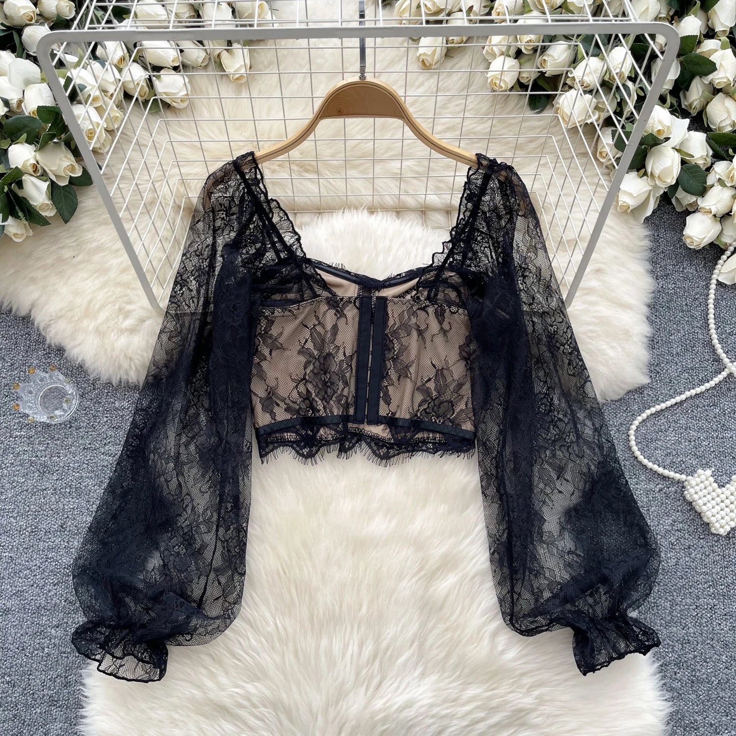 Lace Sexy Blouse Women Flare Sleeve Square Collar Embroidery Blouse High Quality Short Top
