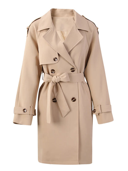 Women Khaki Pleated Elegant Trench New Lapel Long Sleeve Windbreaker Trench Coat