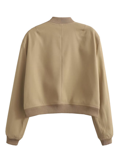 Solid Bomber Jackets Coat With Pockets V-Neck Single Breasted Long Sleeves Jacket