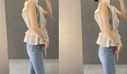 Lace Up Top Ruffled V-neck Sleeveless Shirts Blouse for Women