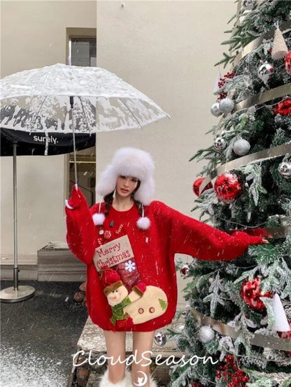 Christmas Sweater Loose New Lazy Thick Sweater Three-dimensional Cartoon Red Sweater