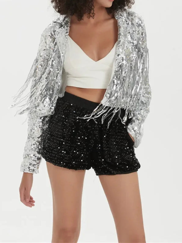 New Long Sleeve Sequin Tassel Patchwork Coat Cardigan Jacket