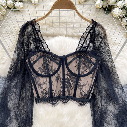 Lace Sexy Blouse Women Flare Sleeve Square Collar Embroidery Blouse High Quality Short Top