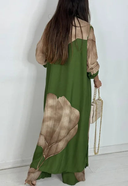 Elegant Lady Two Piece Set Printed Long Shirt Top + Wide Leg Pants 2-piece Outfit  Oversized Sets