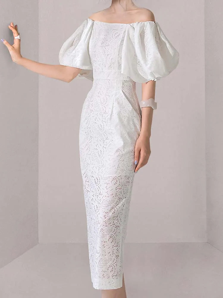 Women's White Midi Dress Elegant Lace One-Piece Collar Lantern Sleeve Hip Hugging Dress