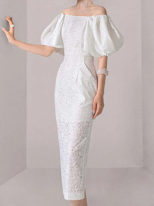 Women's White Midi Dress Elegant Lace One-Piece Collar Lantern Sleeve Hip Hugging Dress