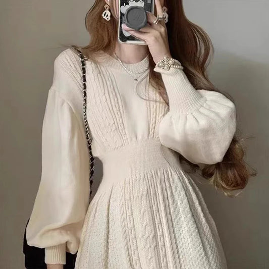 Vintage V-neck Slim Waist Korean Chic Dress Corduroy Long Sleeve Knitted Dress
