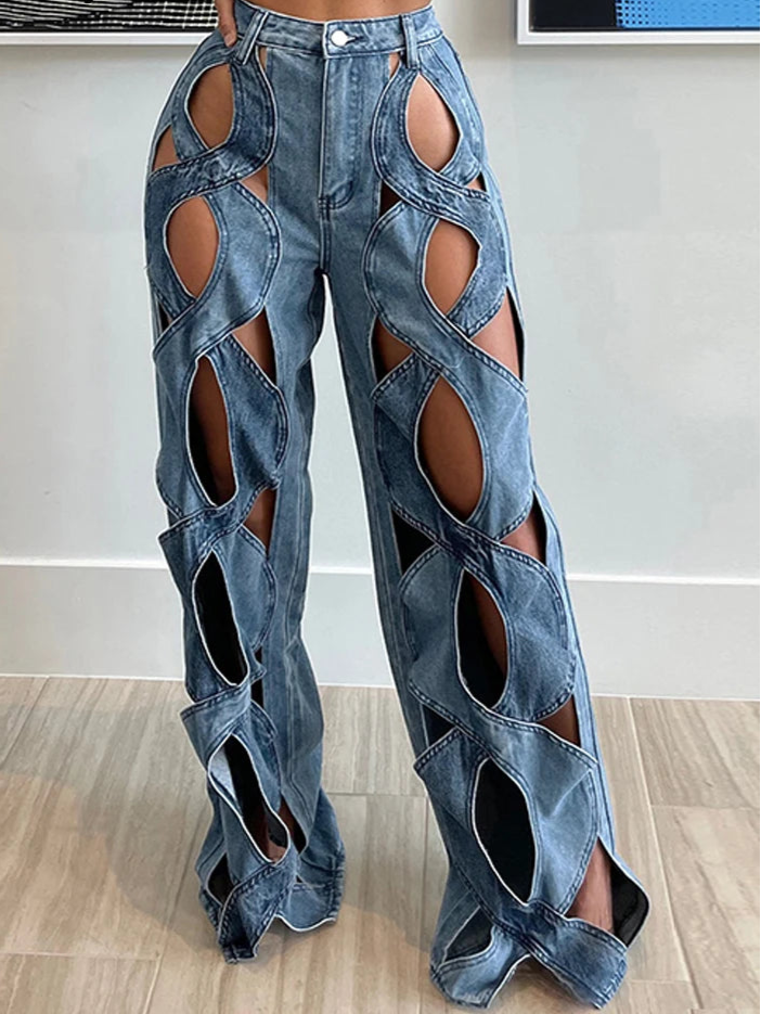 Stretchy Cross Hollow Out Loose Denim Cargo Pants for Women