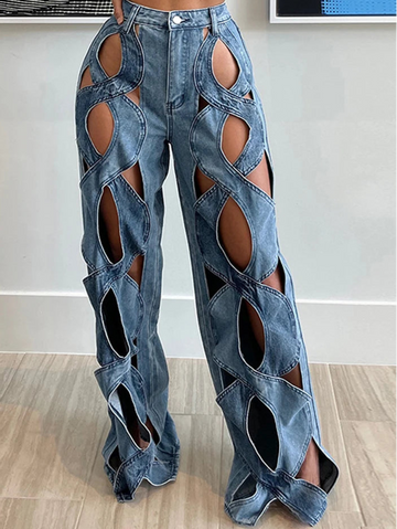 Stretchy Cross Hollow Out Loose Denim Cargo Pants for Women