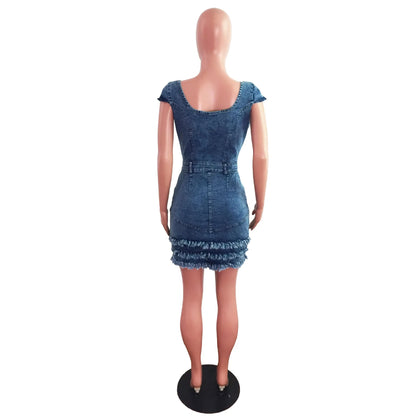 Women Sexy Short Sleeve Denim Dress Slim Fit Tassel Package Hip Pocket Button Denim Dresses Sheath Backless Tight High Waist