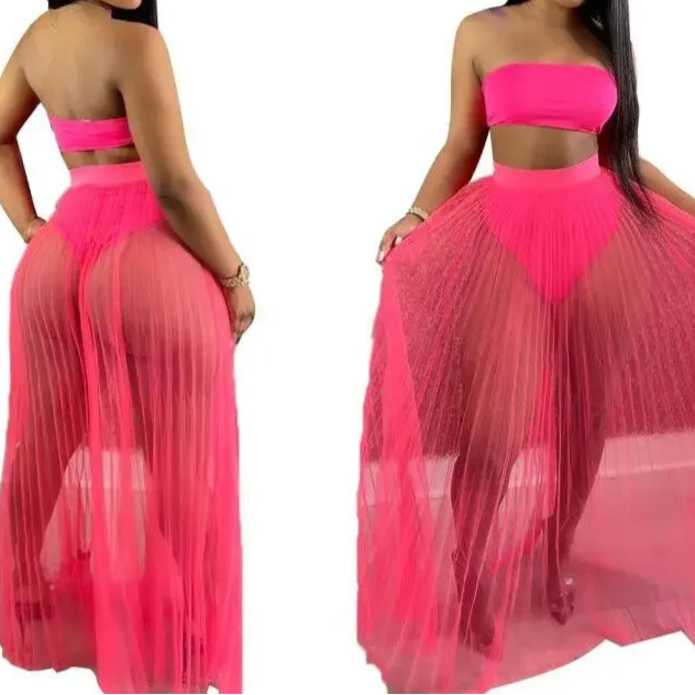 Women Mesh See Though Two Piece Set Sexy Beach Strapless Tops and Pleated Maxi Skirts Matching Set Summer Outfits