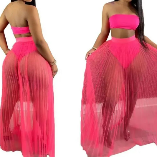 Women Mesh See Though Two Piece Set Sexy Beach Strapless Tops and Pleated Maxi Skirts Matching Set Summer Outfits
