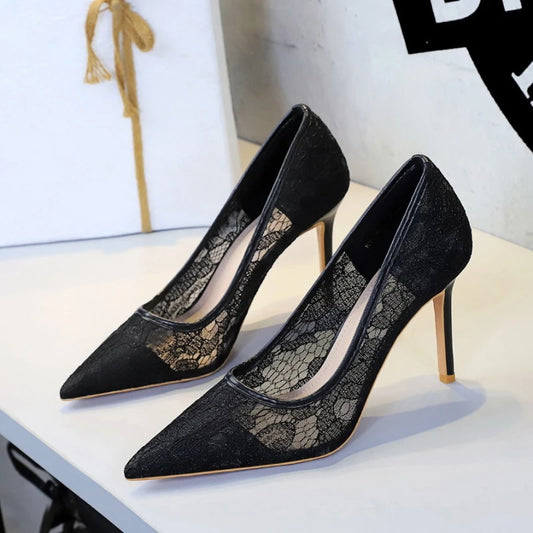 Sexy Lace High Heels Shallow Mouth Pointed Mesh Stiletto High Heel Shoes