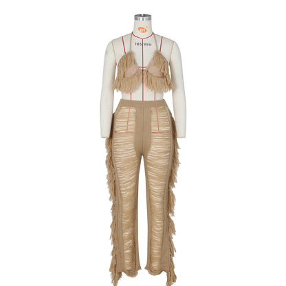 Tassel Knitted Pants Two Piece Set Resort Outfit Vacation Outfit Beach Cover Up