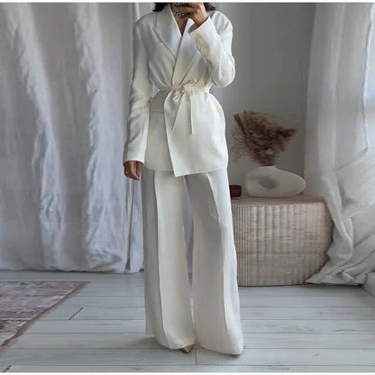 Elegant Blazer Pants Sets Women V-neck Lace up Jacket Full Sleeve Wide Leg Trousers Suit