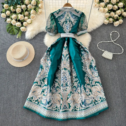 Summer Puff Sleeve Vintage Slim Fit Lace Up Print Embroidery Dress for Women