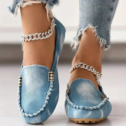 Women Denim Flats Round Toe Thick Bottom Walking Flat Shoes