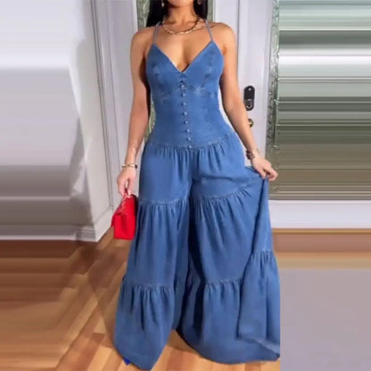 Stylish Women's Sleeveless Jumpsuits Casual Flowy Overalls Sexy Halter Rompers for Summer
