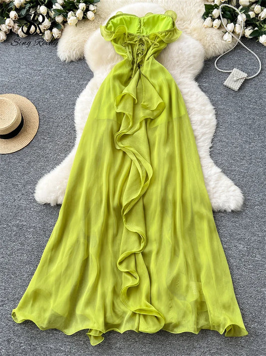 Women Ruffled Maxi Dress Backless High Quality French Style Sundress