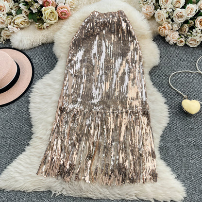 Women Chic Sequin tassel glitter Skirt High Waist Elegant Korean Fashion Skirt