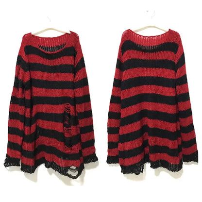 Punk Gothic Long Sweater Women Striped Broken Jumper