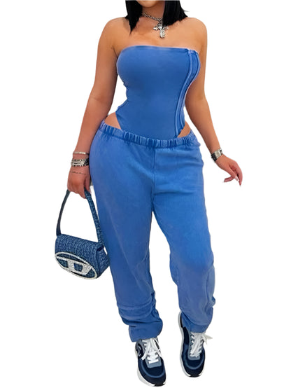 Sexy Washed Strapless Bodysuit and Jogger Pants Set for Women Trendy Two Piece Jogging Suit Sets