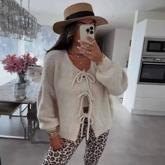 Elegant Knitted Cardigan Sweater Women's Lace up Cardigan