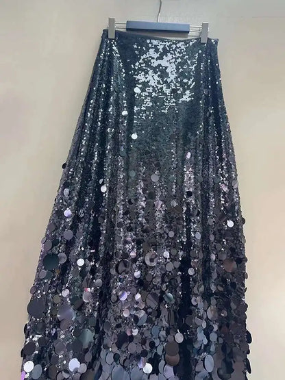 Solid Patchwork Sequins Chic Skirts For Women High Waist Zipper A Line Skirts
