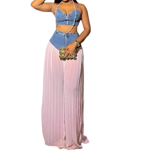 2 Piece Sets Women Sexy Denim Camisole Pleated Wide Leg Pants + Vest Floor Length Suit Summer
