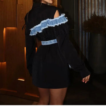 Denim Mini Dress Lace Deep V-neck Jacket Sexy Irregular Casual Streetwear