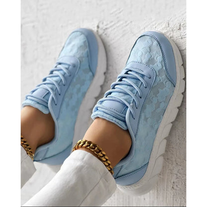 Women Star Pattern Lace-up Breathable Sneakers Daily Casual Round Toe White Sports Shoes Running Shoes