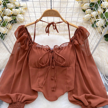 Flare Sleeve Women Top Ruffle Solid Elastic Waist Halter Backless Chiffon Blouse