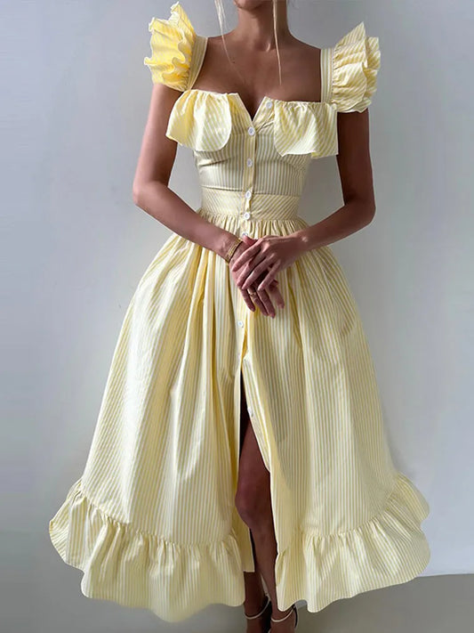 Flying Sleeves Striped Flounce Halter Dress Woman Waist Cinching Single Breasted Dress