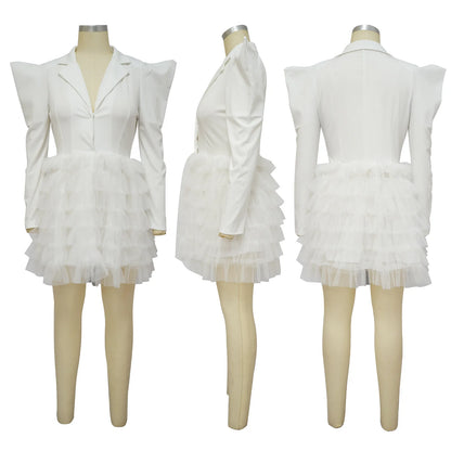 Mesh Paneling Solid Right Shoulders Long Sleeves Cake Dress For Women