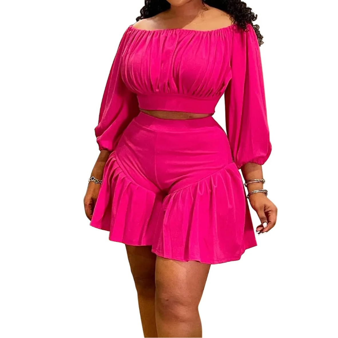 Plus Size Women's Set Long Sleeve Slash Neck T-Shirt and Shorts Summer Two 2 Piece Set