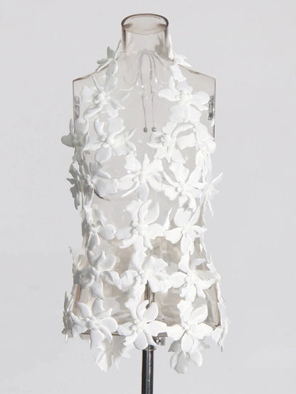 Spliced 3D Flower Cutout Sexy Vest for Women Halter Sleeveless Backless Off Shoulder Patchwork Lace Up Top